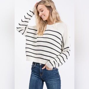 Obey Ivory and Black Striped Crewneck Sweater